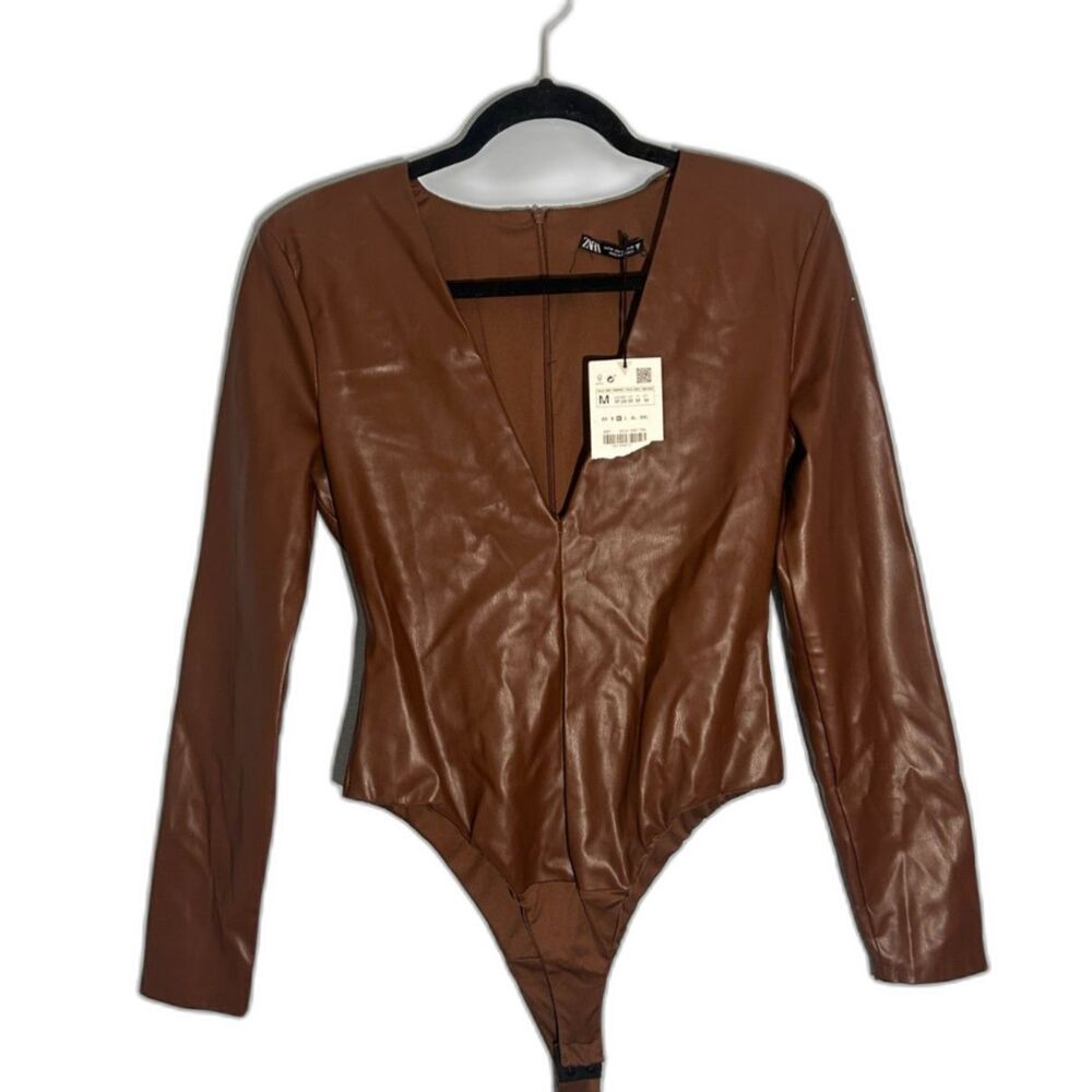 ZARA Chocolate Brown Faux Leather Long-Sleeve Bodysuit